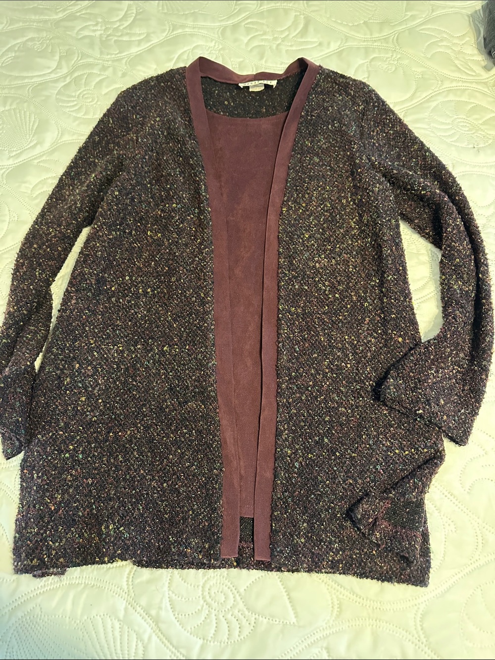 Megan Lee Open-Front Plum Tweed Cardigan with Suede Trim and Faux shirt